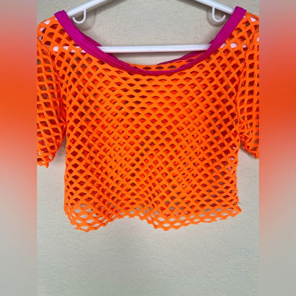 Girls Neon Orange Fishnet Dance Crop Top 80s Costume Mesh Cover Up Child M